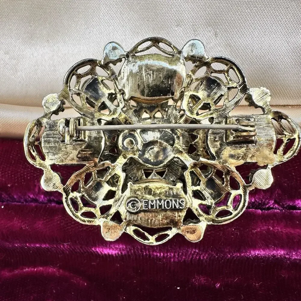 Vintage Emmons Brooch Opalite Cluster Cab Gold Tone Faux Pearl Rhinestone